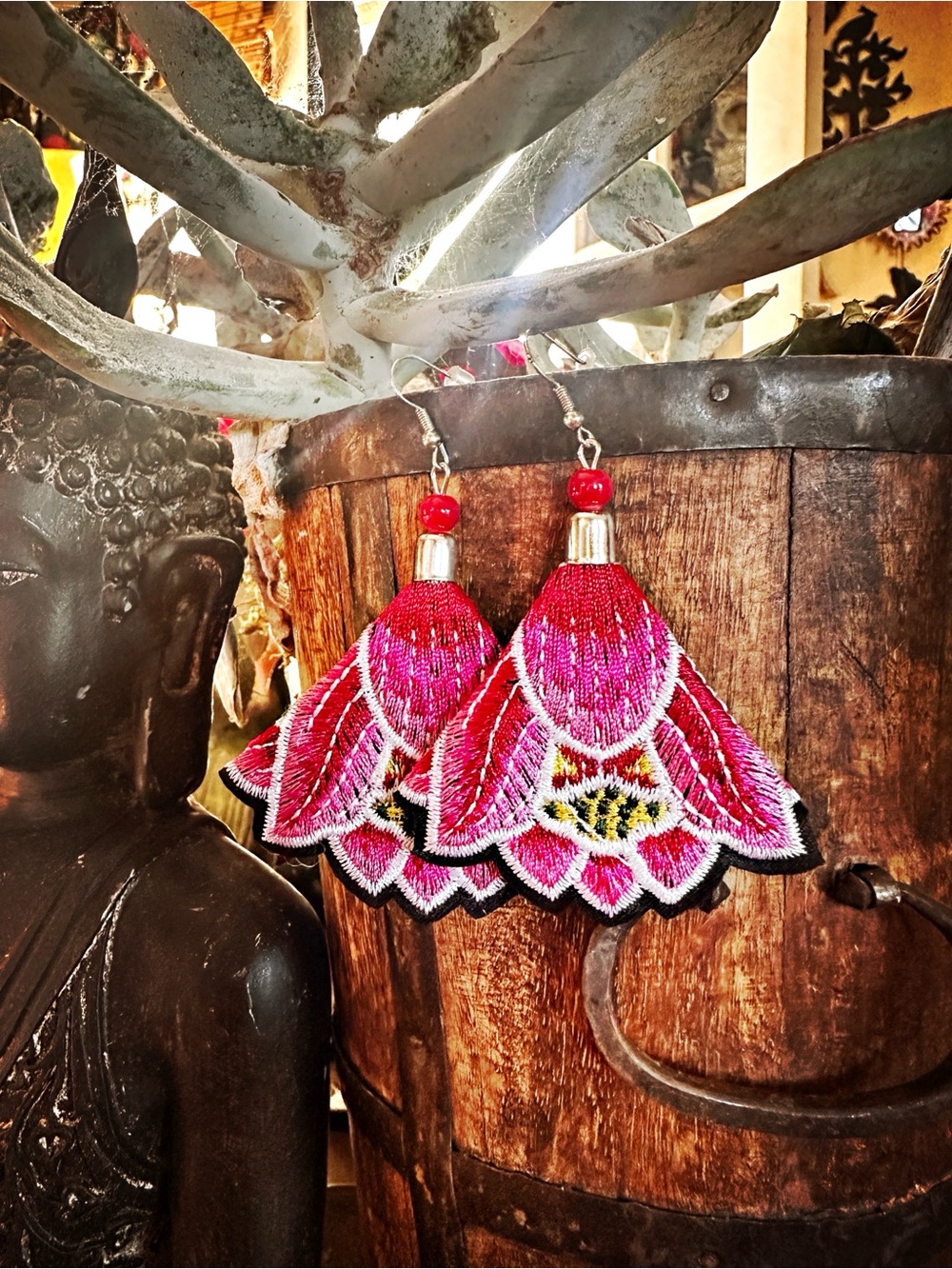 Restock: Large Embroidered Floral Silk earrings, Pink Lillies